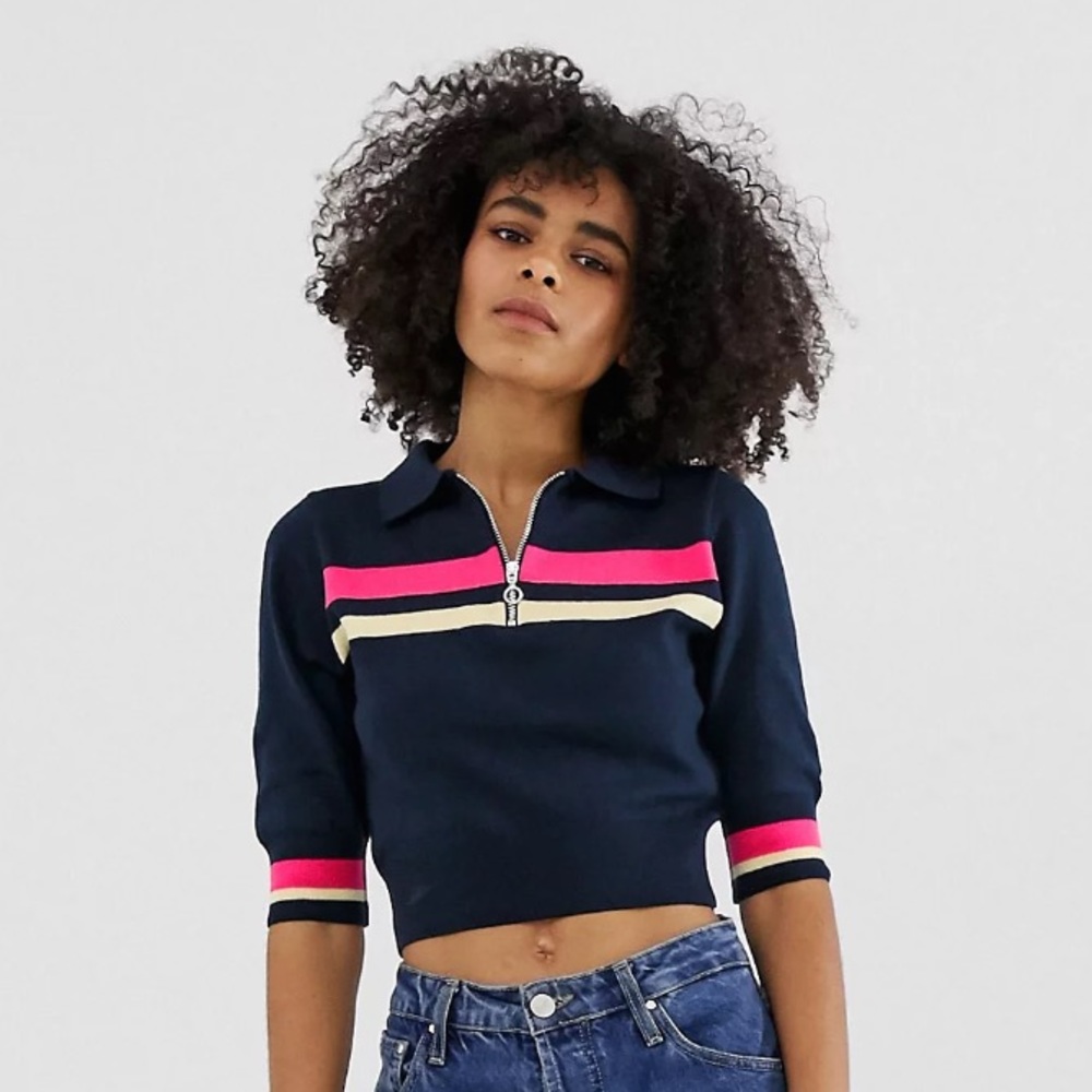 ASOS DESIGN Stripe Knitted Polo Top with Zip Detail